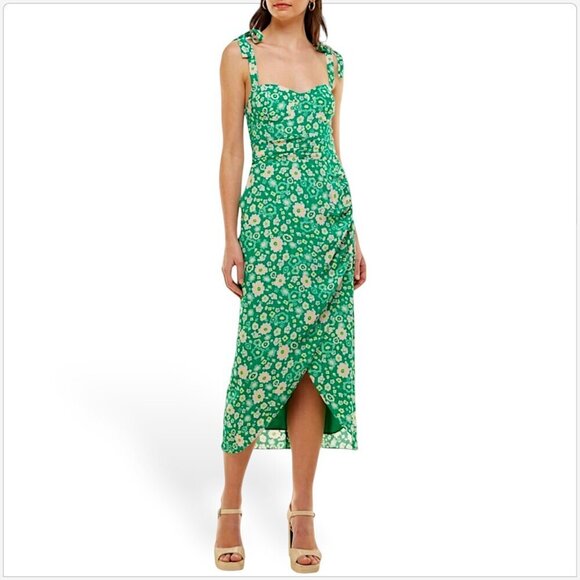 WAYF Malibu Faux Wrap Midi Kelly Daisy Green Floral Summer Dress NEW NWT XS - Picture 1 of 6